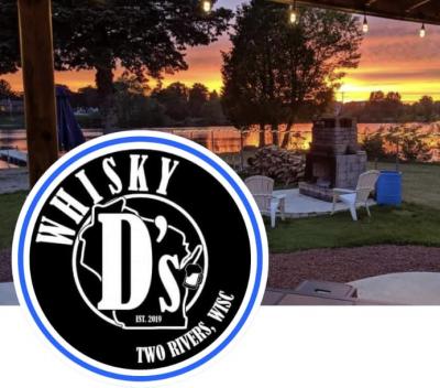 Whisky D's logo with image of sunset on the East Twin in background.
