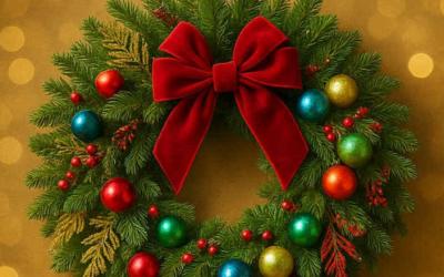 A circular wreath with red bow and ornaments.
