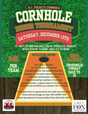 Event poster featuring a cornhold board.