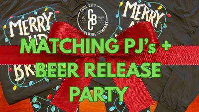 Pajamas depicting strings of Christmas lights all tied together with red bow.