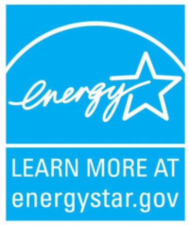 White text against a blue background. Text reads "energy" with a star next to it. "Learn More at energystar.gov"