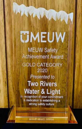 Plaque reading MEUW Safety Achievement Award Gold Category 2020 Presented to Two Rivers Water & Light in recognition of your...