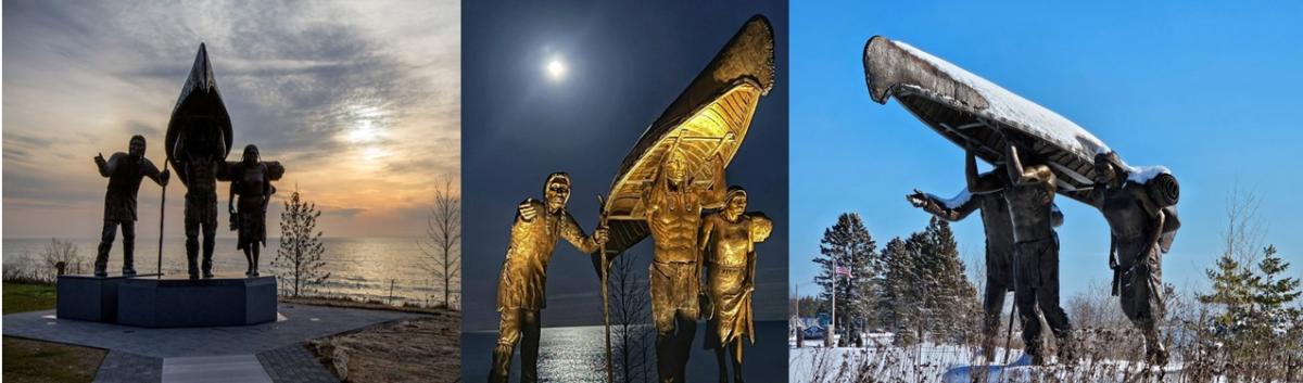 Spirit of the Rivers Monument situated in front of Lake Michigan shore in Two Rivers