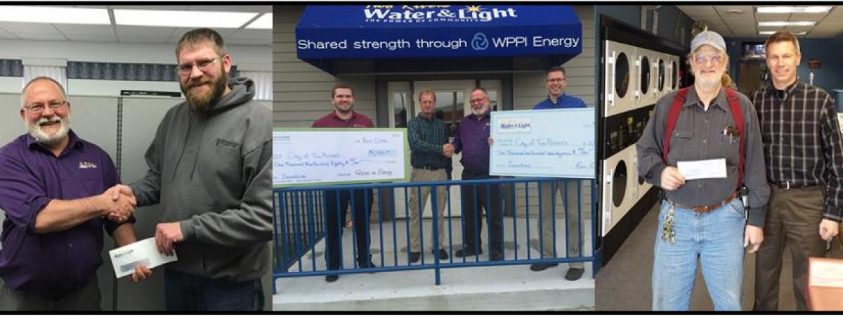 Three pictures of men holding checks.