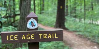 Wooden trail sign indicating Ice Age Trail.