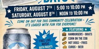 Event poster with schedule, and photos of old commercial fishing boat, a short red lighthouse, and a can of Busch beer.