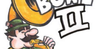 Caricature of a mustachioed man playing a tuba (with a football emerging from the tuba).