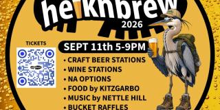 A circular graphic containing a QR code, a boot print with "heiknbrew" overlaid, and a heron wearing a backpack.