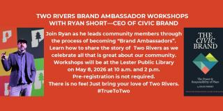 Man speaking onstage and cover of book.