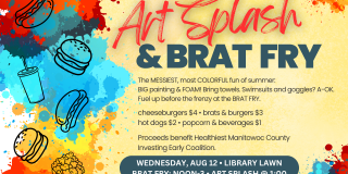 Colorful event banner with brats and burgers.