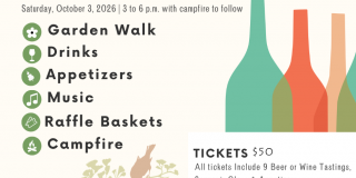 Event poster with images of  birds and wine bottles.