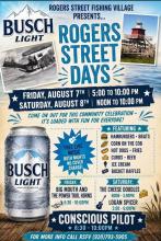 Event poster with schedule, and photos of old commercial fishing boat, a short red lighthouse, and a can of Busch beer.