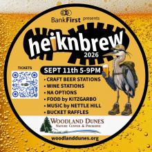 A circular graphic containing a QR code, a boot print with "heiknbrew" overlaid, and a heron wearing a backpack.