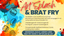 Colorful event banner with brats and burgers.