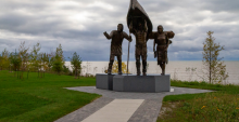 Spirit of the Rivers Monument situated in front of Lake Michigan shore in Two Rivers