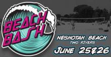 Beach Bash Logo with a black and white photo of Neshotah Beach in the background