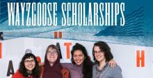 Four people standing in front of a Wayzgoose Scholarships sign