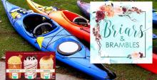 An image of kayaks on a lawn with Briars and Brambles logo and Buckets Gelato Bar logos in front
