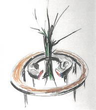Sketch of circular table surrounding a tree.