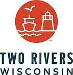 Circle with white outline of a lighthouse and a boat in the water next to it. A bird flies above. Text below reads &quot;Two Rivers Wisconsin&quot;