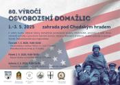 Liberation Day schedule in Czech featuring photo of Lt. Col. Konop held aloft upon the shoulders of townspeople.
