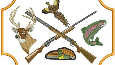 Logo depicting crossed rifles, buck, pheasant, game fish and ammunition.