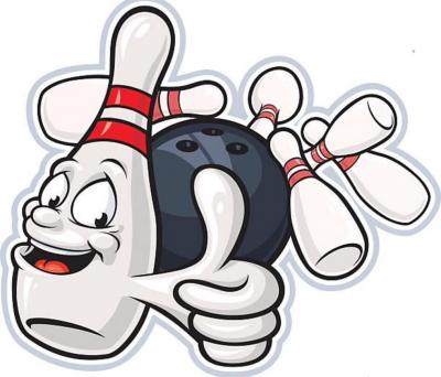 Grinning bowling pin and ball in background.