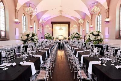 Interior shot of Sepia Chapel set for a wedding.