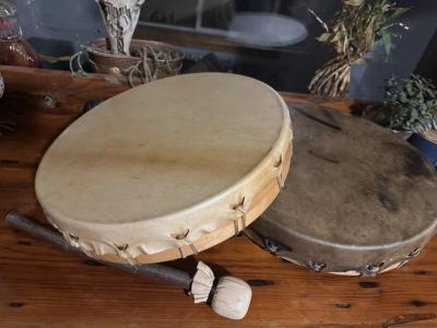 Traditional drum and beater.