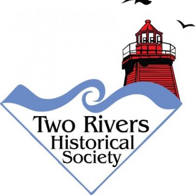 Two Rivers Historical Society featuring image of red lighthouse and gulls.
