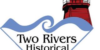Two Rivers Historical Society featuring image of red lighthouse and gulls.